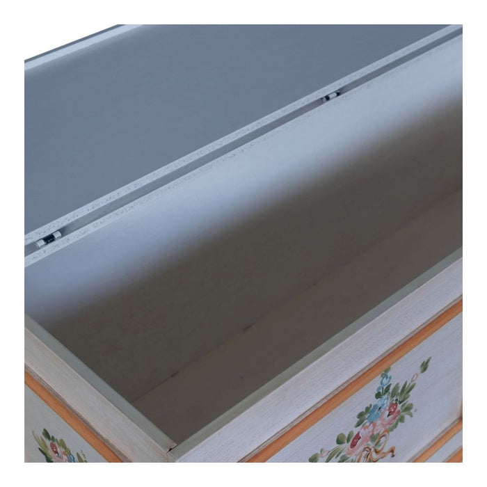 Cassapanca in legno shabby bianco anticato decoro filo arancione 116,5x40,5x46 - Mobili 2G