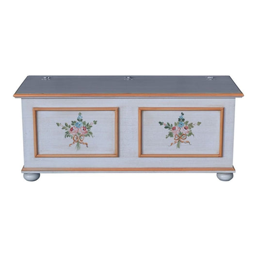 Cassapanca in legno shabby bianco anticato decoro filo arancione 116,5x40,5x46 - Mobili 2G