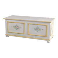 Cassapanca in legno shabby bianco anticato decoro filo giallo 116,5x40,5x46 - Mobili 2G