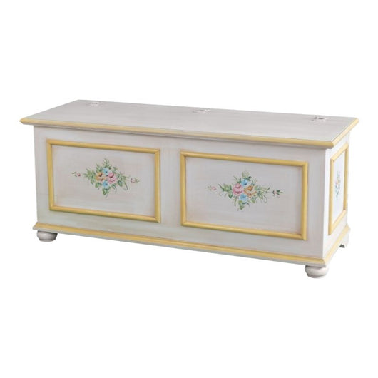 Cassapanca in legno shabby bianco anticato decoro filo giallo 116,5x40,5x46 - Mobili 2G