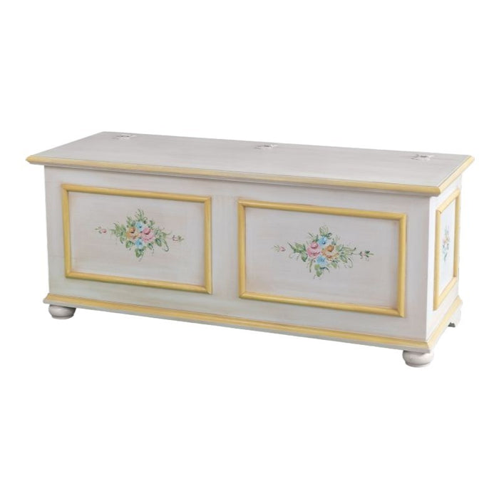 Cassapanca in legno shabby bianco anticato decoro filo giallo 116,5x40,5x46 - Mobili 2G