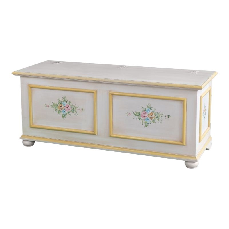 Cassapanca in legno shabby bianco anticato decoro filo giallo 116,5x40,5x46 - Mobili 2G