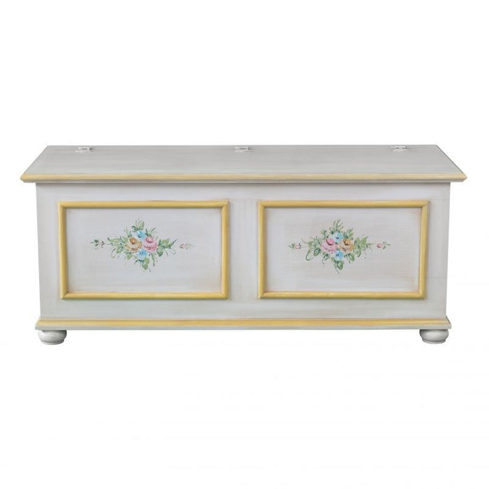 Cassapanca in legno shabby bianco anticato decoro filo giallo 116,5x40,5x46 - Mobili 2G