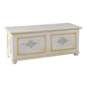 Cassapanca in legno shabby bianco anticato decoro filo giallo 116,5x40,5x46 - Mobili 2G