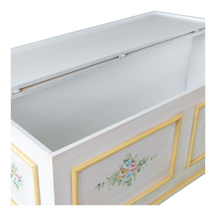 Cassapanca in legno shabby bianco anticato decoro filo giallo 116,5x40,5x46 - Mobili 2G