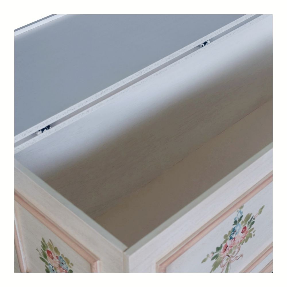 Cassapanca in legno shabby bianco anticato decoro filo rosa 116,5x40,5x46 - Mobili 2G