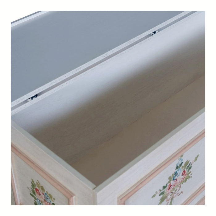 Cassapanca in legno shabby bianco anticato decoro filo rosa 116,5x40,5x46 - Mobili 2G