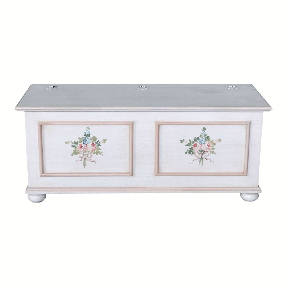 Cassapanca in legno shabby bianco anticato decoro filo rosa 116,5x40,5x46 - Mobili 2G