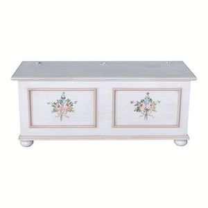 Cassapanca in legno shabby bianco anticato decoro filo rosa 116,5x40,5x46 - Mobili 2G