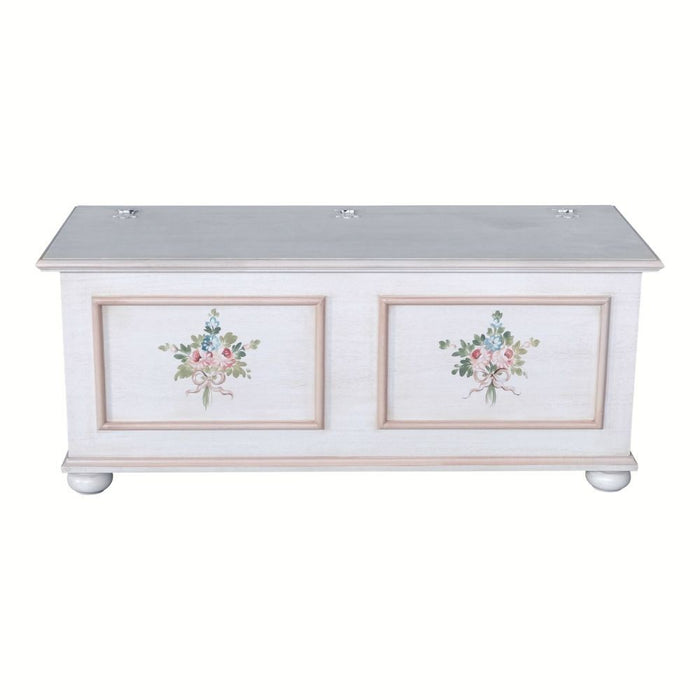 Cassapanca in legno shabby bianco anticato decoro filo rosa 116,5x40,5x46 - Mobili 2G