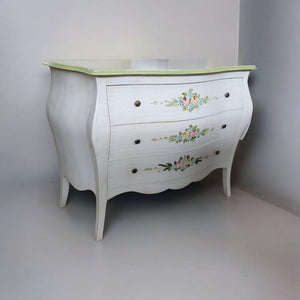 Cassettiera 3 cassetti legno shabby bianco anticato decori filo verde 99x41x85 - Mobili 2G