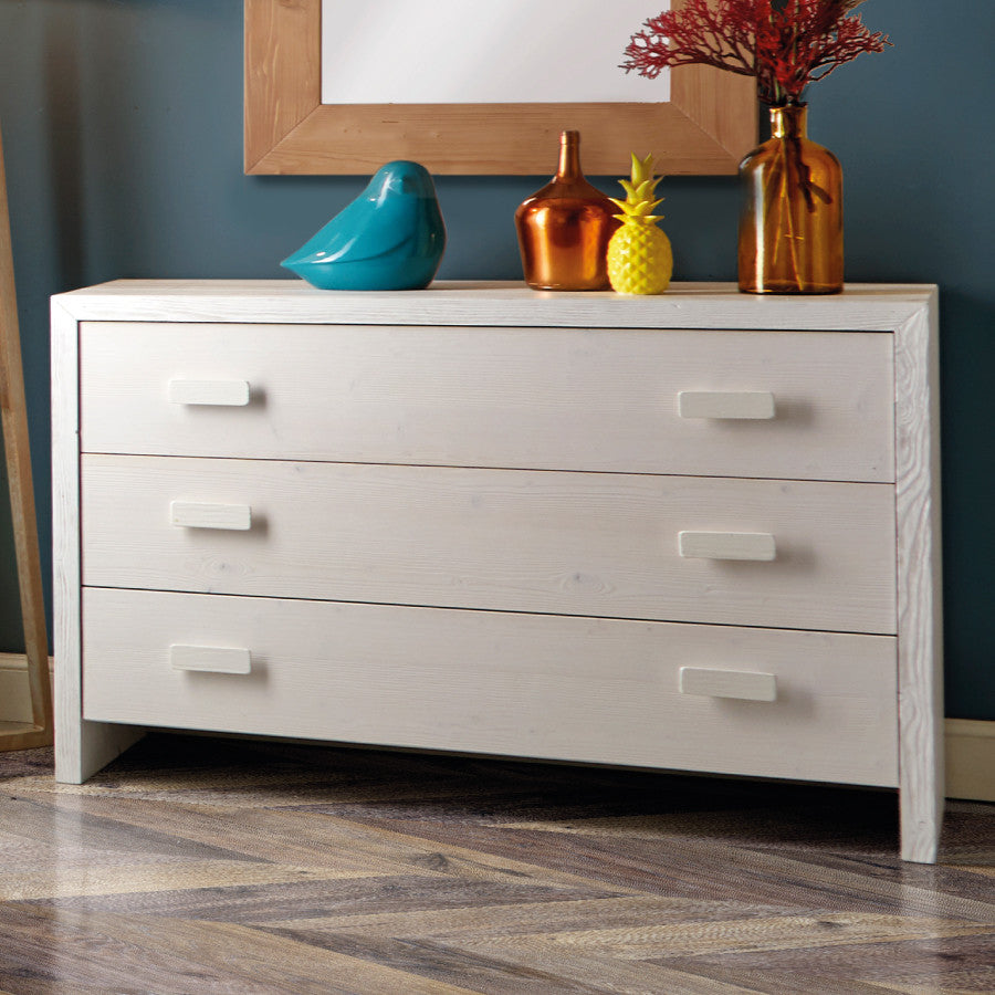 Cassettiera 3 cassetti shabby bianco in legno massello di abete 120x50x80 (3317) - Mobili 2G