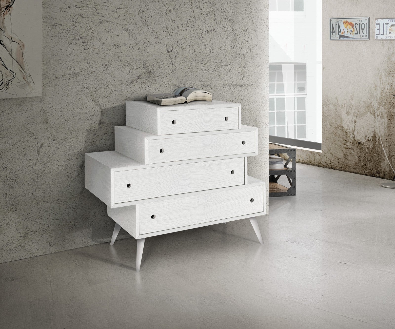 Cassettiera 4 cassetti in abete bianco spazzolato 110x45x95 (877) - Mobili 2G
