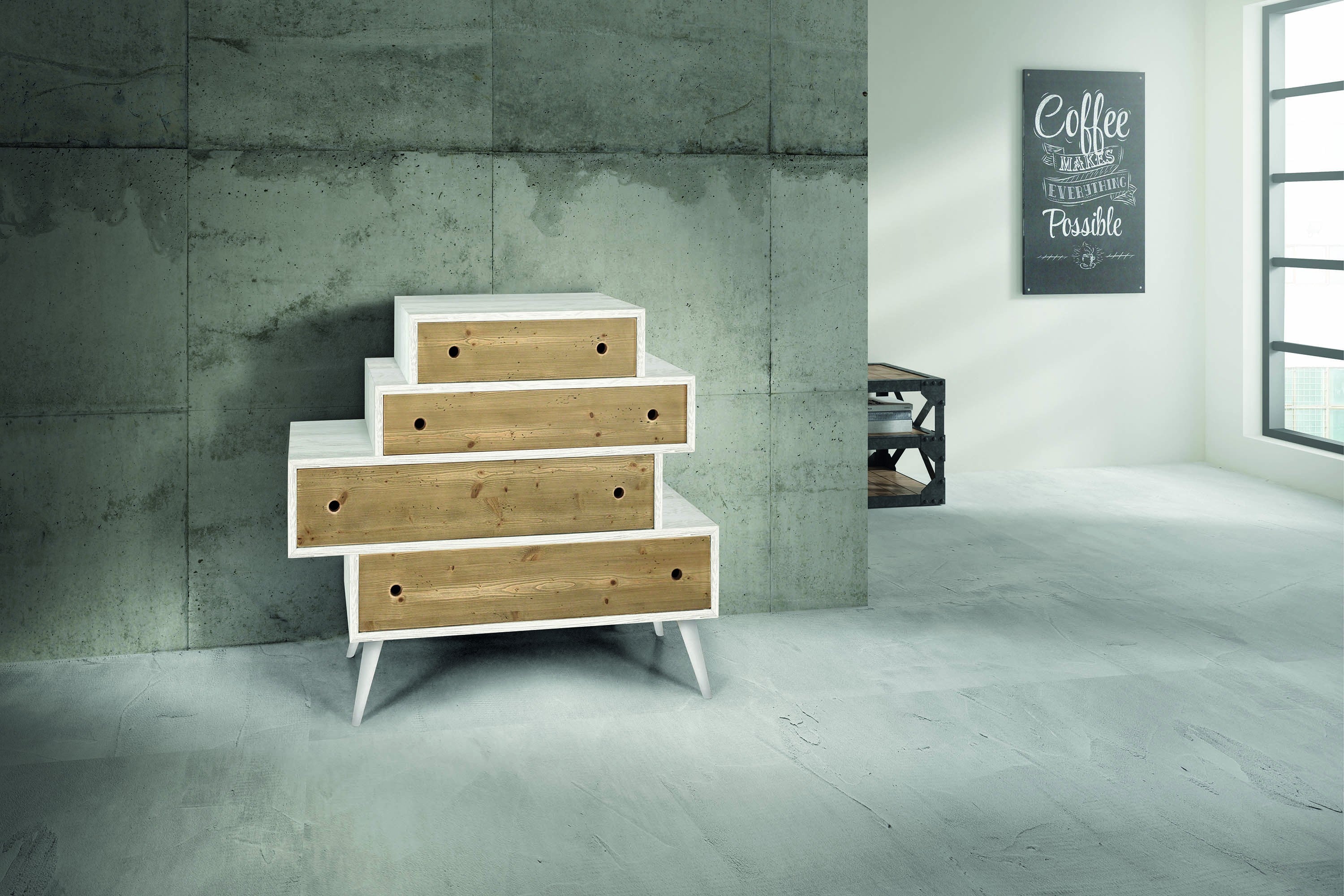 Cassettiera 4 cassetti in legno abete spazzolato bicolore 110x45x95 (878) - Mobili 2G