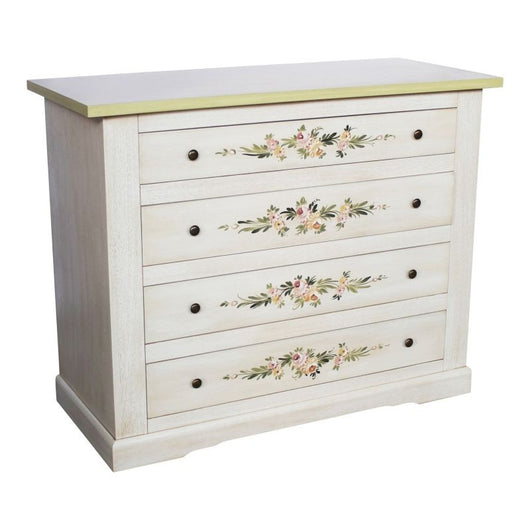 Cassettiera 4 cassetti legno shabby bianco anticato decori filo verde 115x50x90 - Mobili 2G