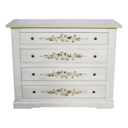 Cassettiera 4 cassetti legno shabby bianco anticato decori filo verde 115x50x90 - Mobili 2G
