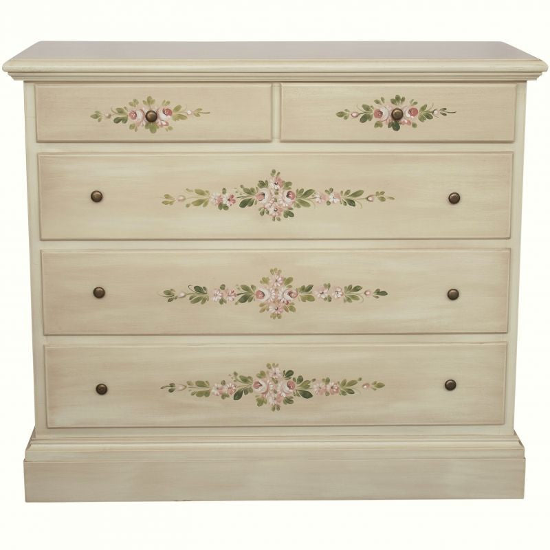 Cassettiera 5 cassetti legno shabby avorio anticato decori 117x51x101 - Mobili 2G