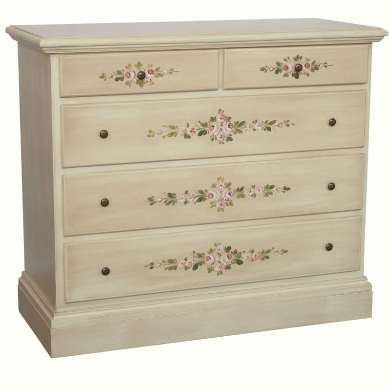 Cassettiera 5 cassetti legno shabby avorio anticato decori 117x51x101 - Mobili 2G