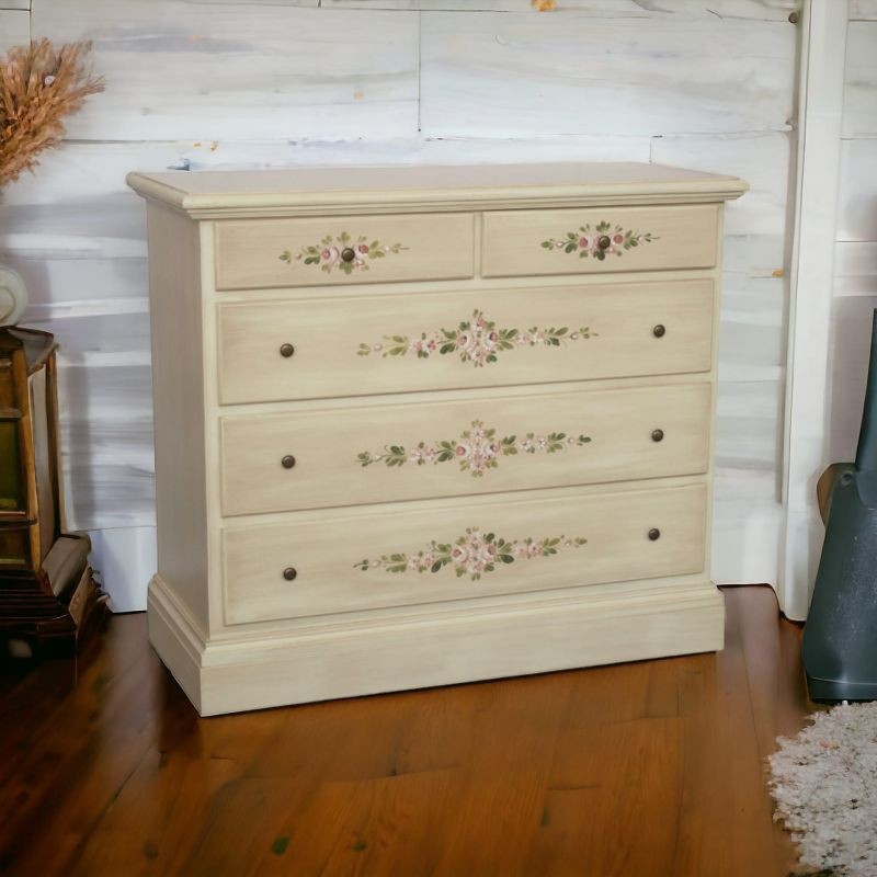 Cassettiera 5 cassetti legno shabby avorio anticato decori 117x51x101 - Mobili 2G