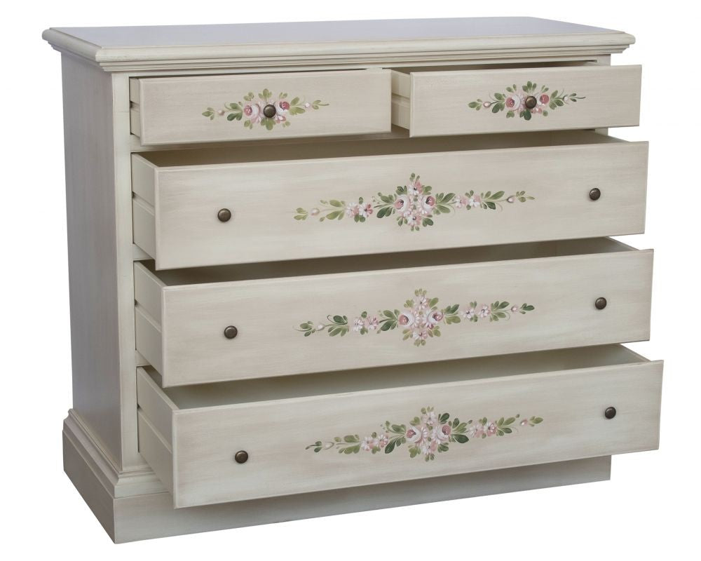 Cassettiera 5 cassetti legno shabby bianco anticato decori 117x51x101 - Mobili 2G