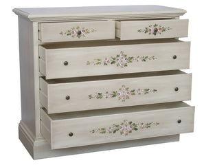 Cassettiera 5 cassetti legno shabby bianco anticato decori 117x51x101 - Mobili 2G
