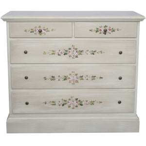 Cassettiera 5 cassetti legno shabby bianco anticato decori 117x51x101 - Mobili 2G
