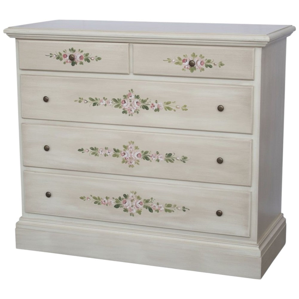 Cassettiera 5 cassetti legno shabby bianco anticato decori 117x51x101 - Mobili 2G