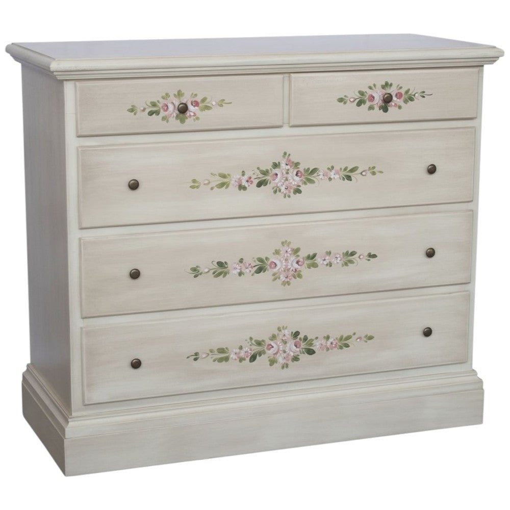 Cassettiera 5 cassetti legno shabby bianco anticato decori 117x51x101 - Mobili 2G