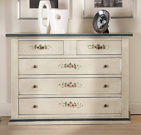 Cassettiera 5 cassetti legno shabby bianco anticato decori filo blu 120x50x85 - Mobili 2G