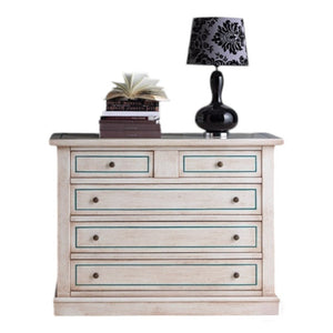Cassettiera 5 cassetti legno shabby bianco anticato filo azzurro 117x51x101 - Mobili 2G