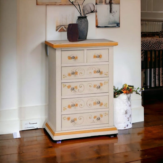 Cassettiera 6 cassetti in legno shabby bianco anticato decorato 62x37x93 - Mobili 2G