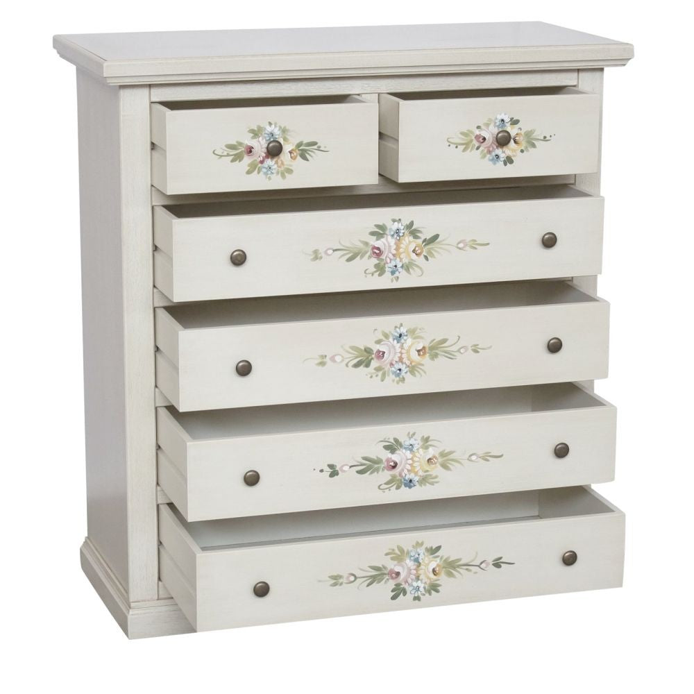 Cassettiera 6 cassetti in legno shabby bianco anticato decorato 86x40x96 - Mobili 2G