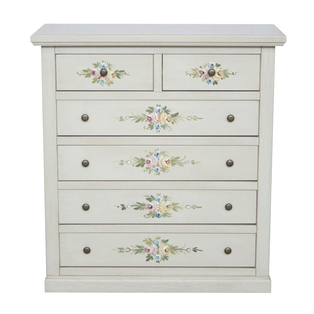 Cassettiera 6 cassetti in legno shabby bianco anticato decorato 86x40x96 - Mobili 2G