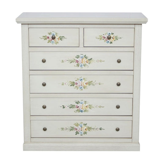 Cassettiera 6 cassetti in legno shabby bianco anticato decorato 86x40x96 - Mobili 2G