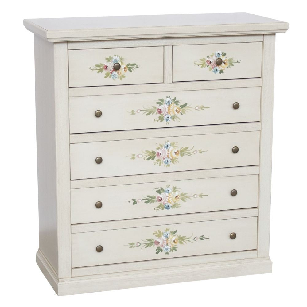 Cassettiera 6 cassetti in legno shabby bianco anticato decorato 86x40x96 - Mobili 2G