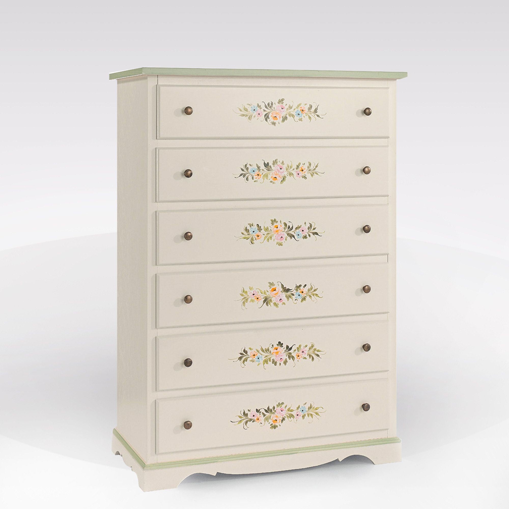 Cassettiera 6 cassetti legno shabby bianco decori 97x49x140 (491) - Mobili 2G