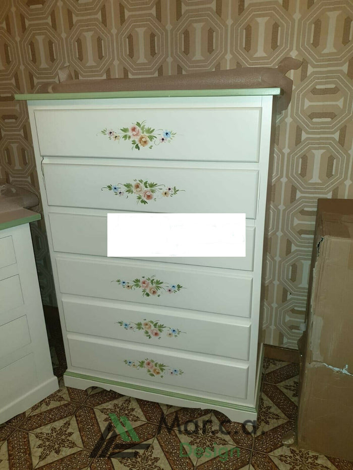 Cassettiera 6 cassetti legno shabby bianco decori 97x49x140 (491) - Mobili 2G