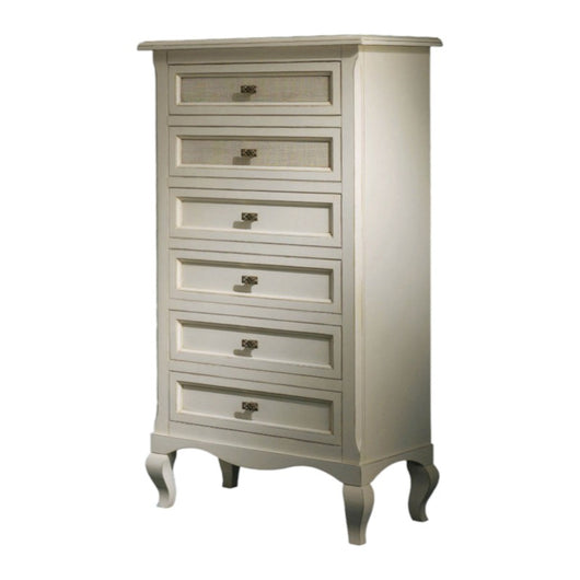 Cassettiera 6 cassetti paglia di vienna legno shabby bianco invecchiato 69x43x131 - Mobili 2G
