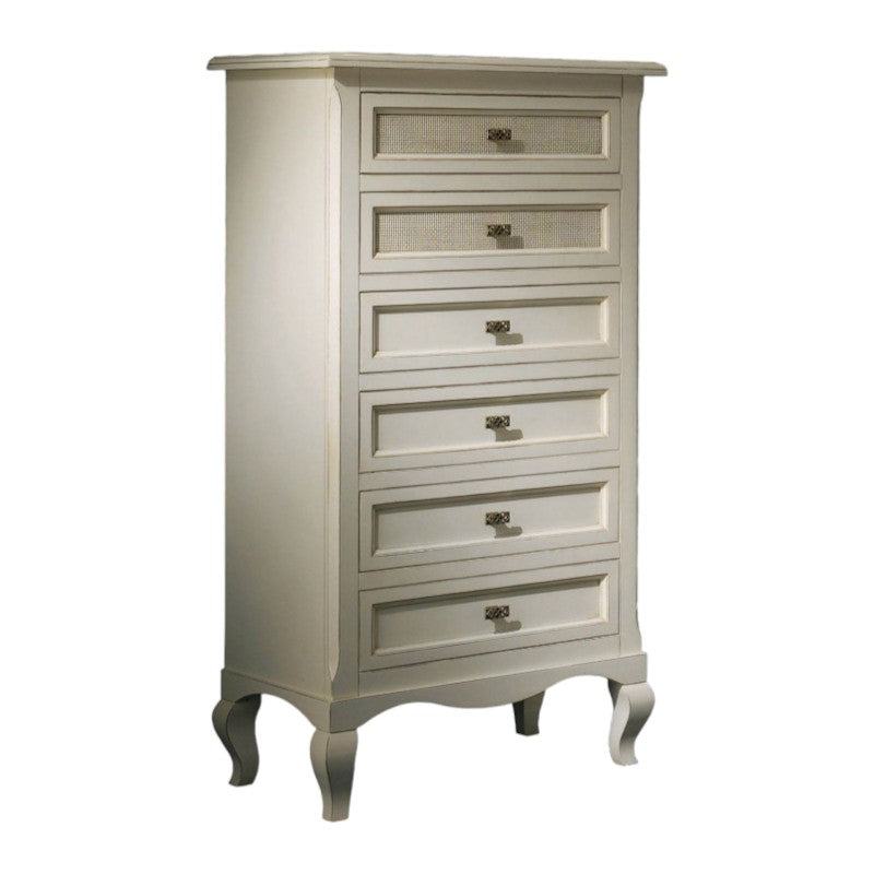 Cassettiera 6 cassetti paglia di vienna legno shabby bianco invecchiato 69x43x131 - Mobili 2G