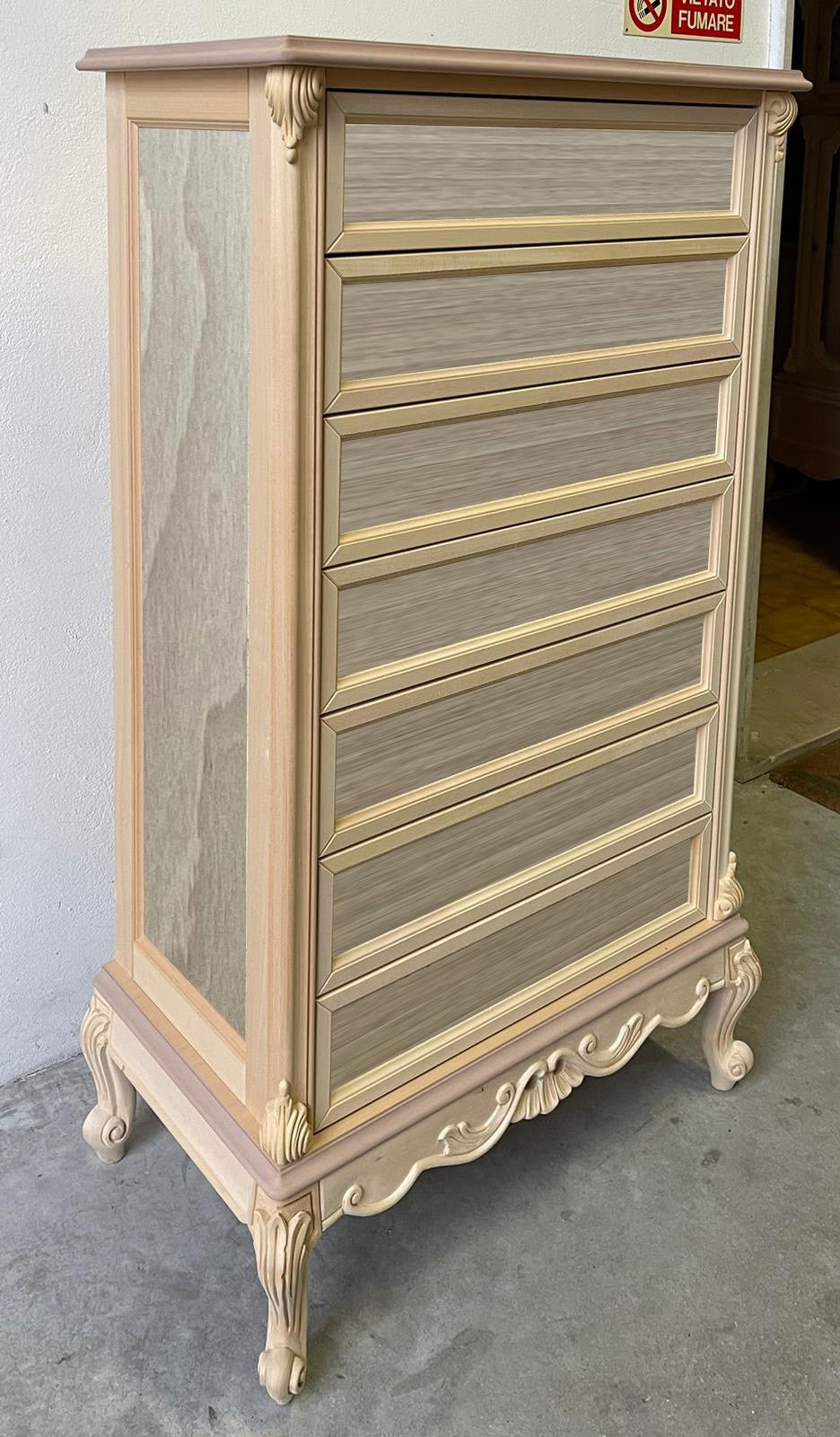 Cassettiera 7 cassetti classica barocco legno grezzo 87x48x148 - Mobili 2G