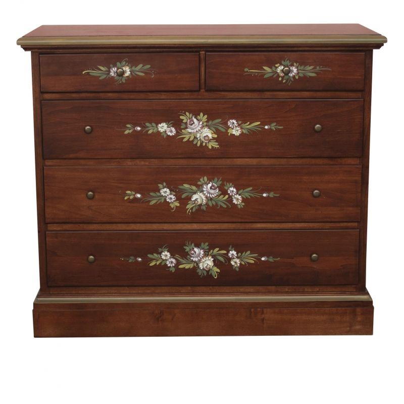 Cassettiera arte povera 5 cassetti legno noce scuro decori 117x51x101 - Mobili 2G