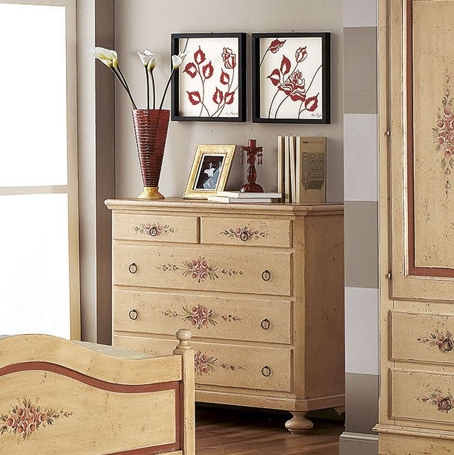  cassettiera arte povera 5 cassetti legno shabby avorio rosso 116x51x101 (1422) - Mobili 2G