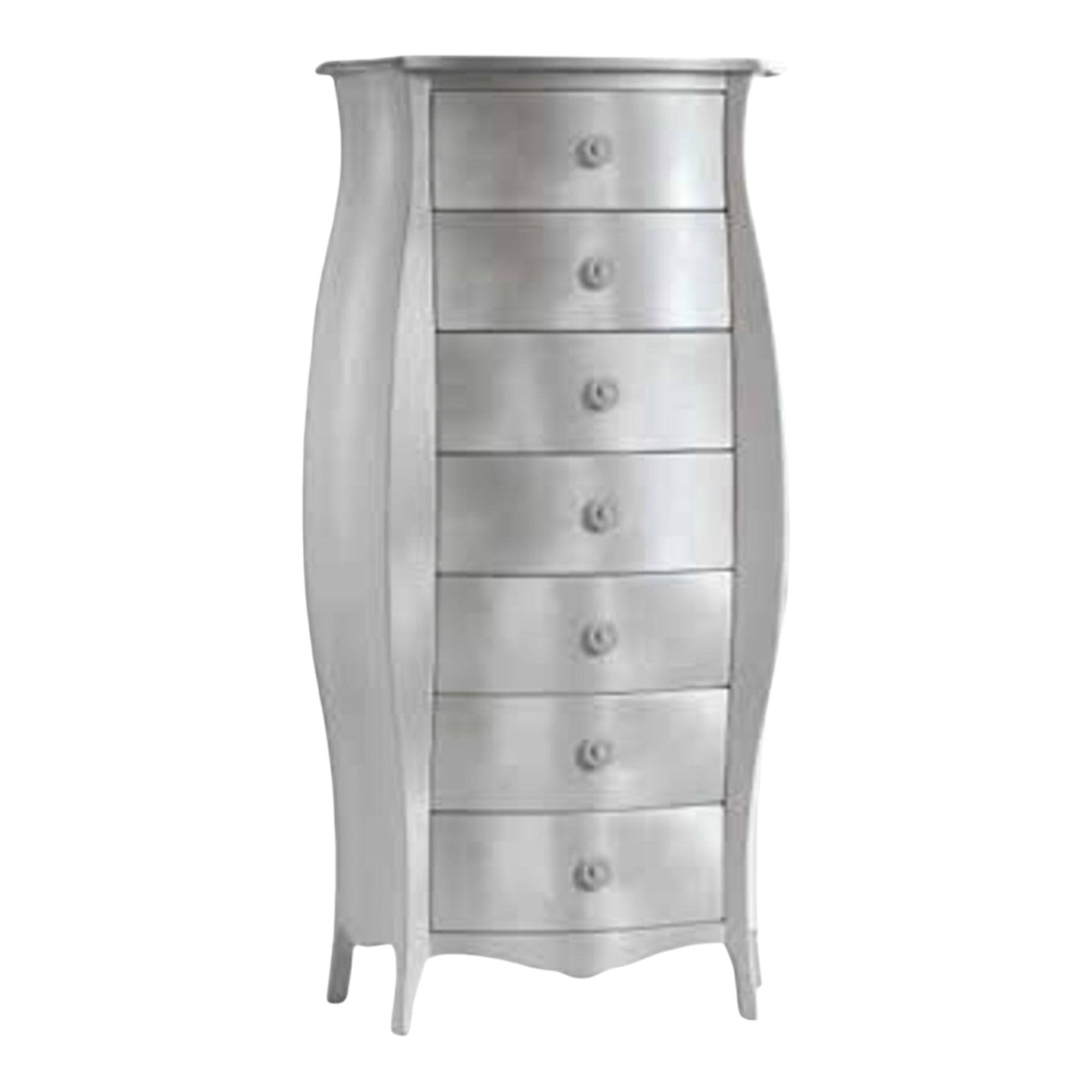 Cassettiera bombata in legno foglia argento 74x37x142