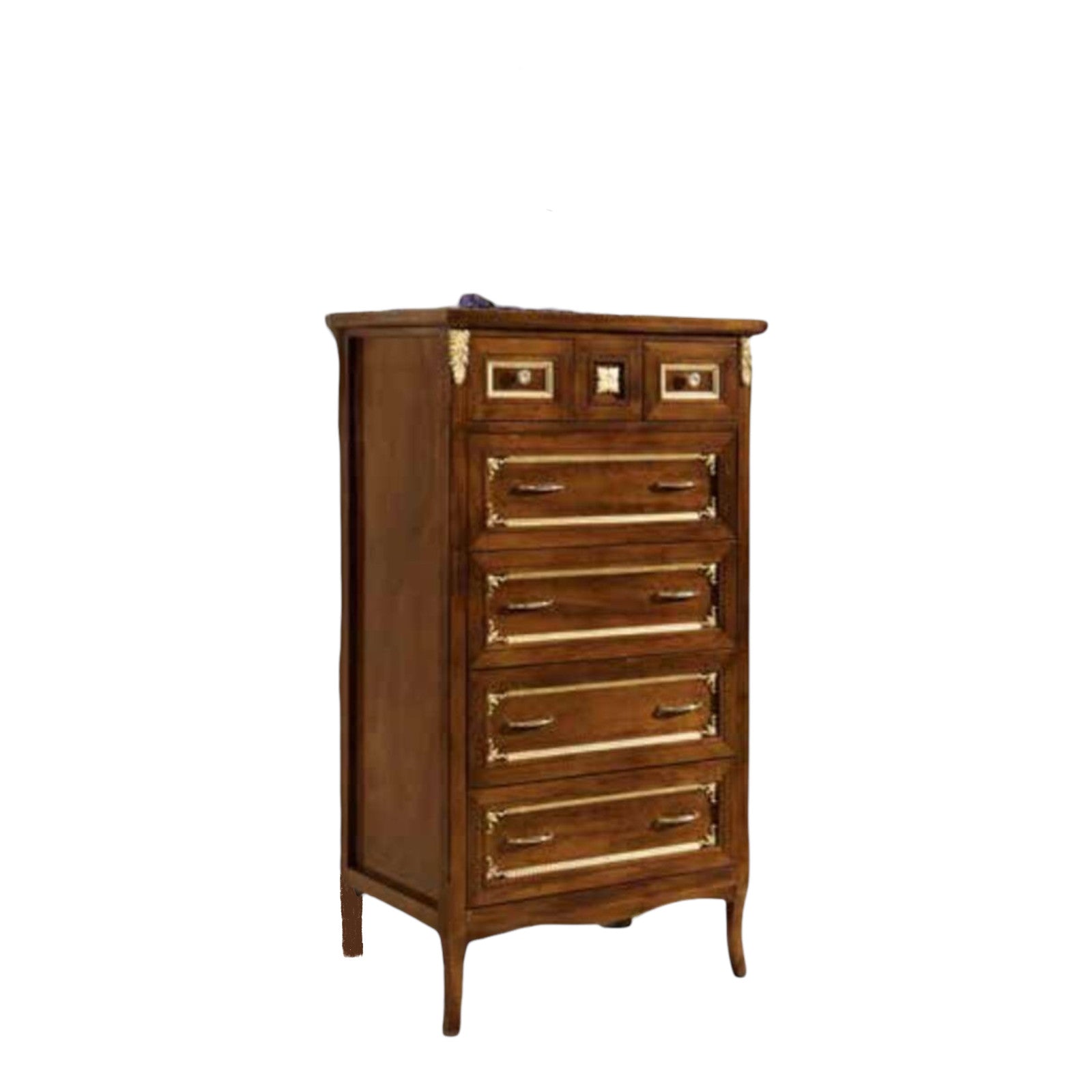 Cassettiera classica in legno bassano e profili oro 79x50x144