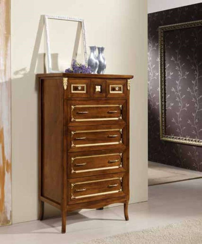 Cassettiera classica in legno bassano e profili oro 79x50x144