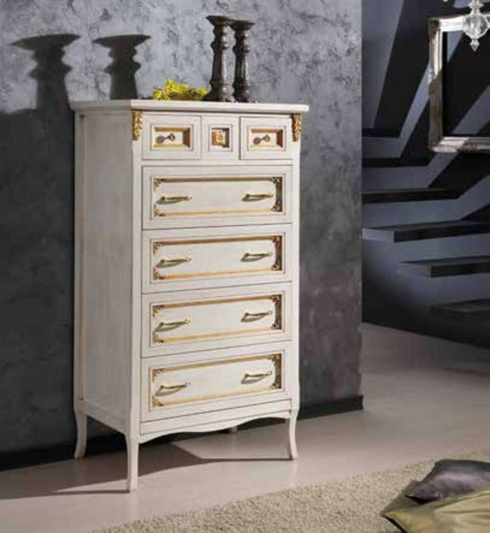 Cassettiera classica in legno bianco e profili oro 79x50x144