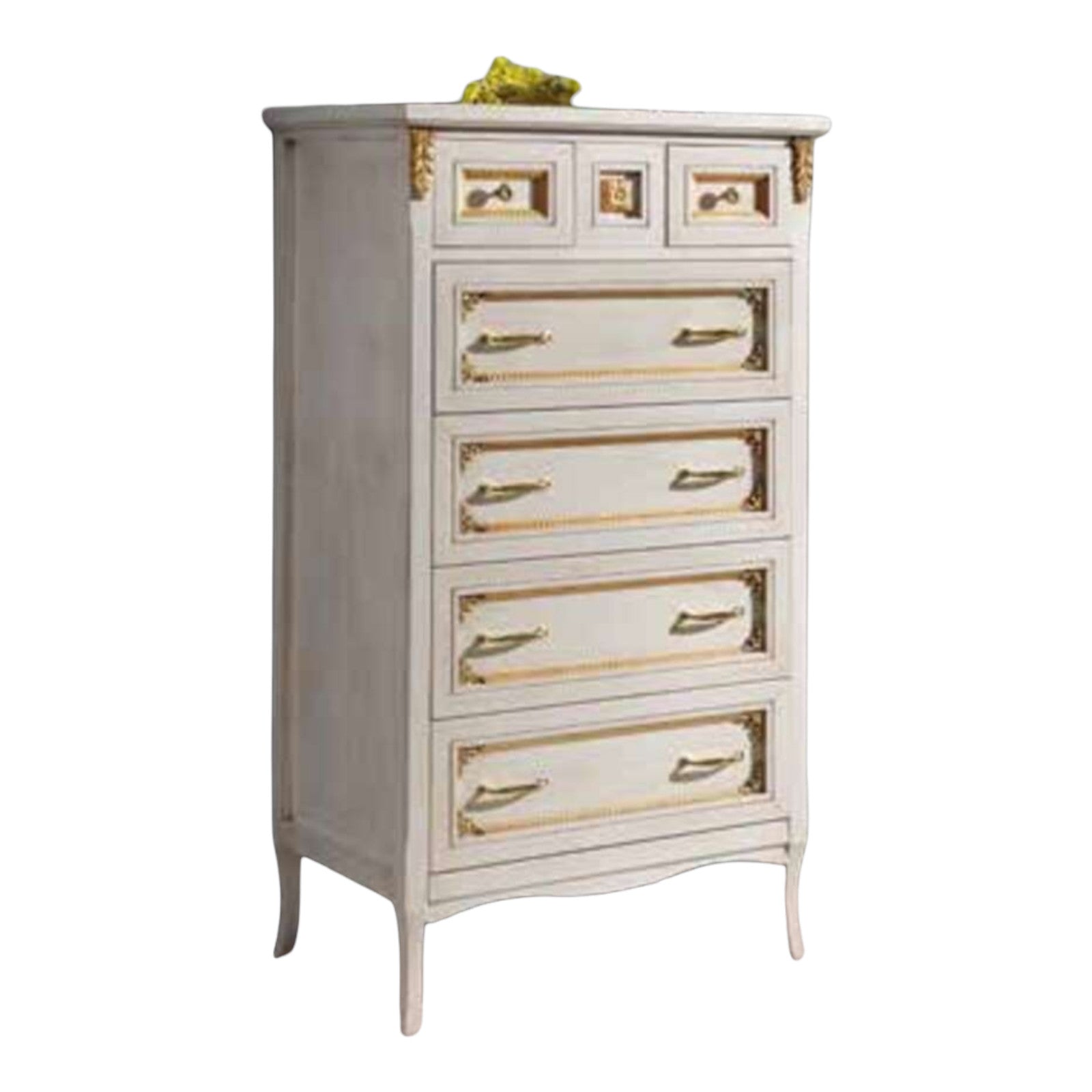 Cassettiera classica in legno bianco e profili oro 79x50x144