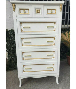 Cassettiera classica in legno bianco e profili oro 79x50x144