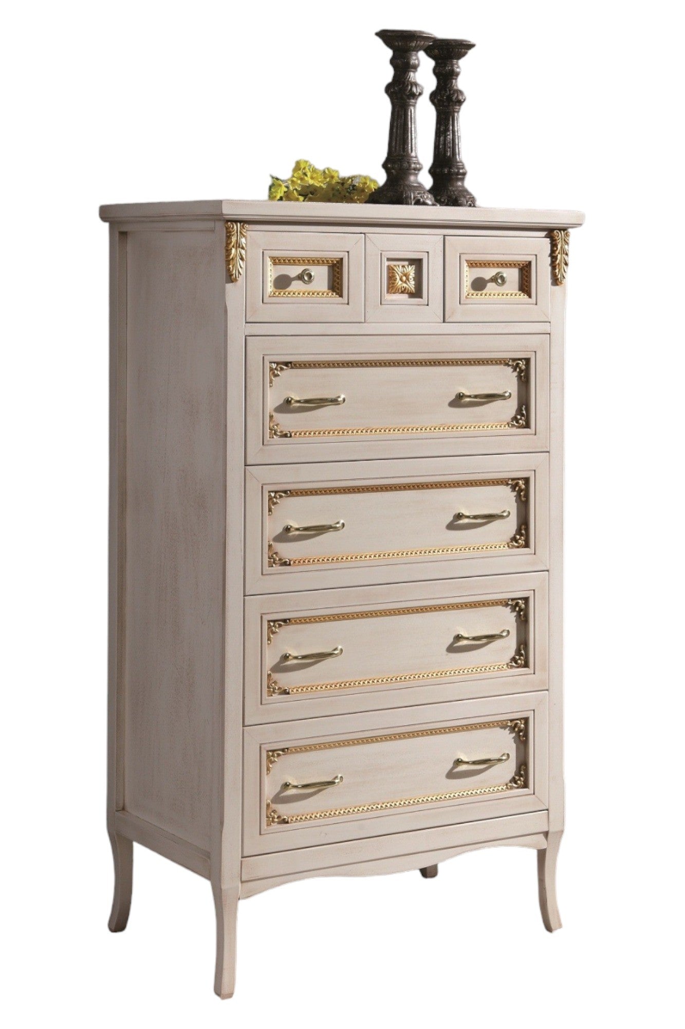 Cassettiera classica legno bianco invecchiato oro 79x50x144 - Mobili 2G