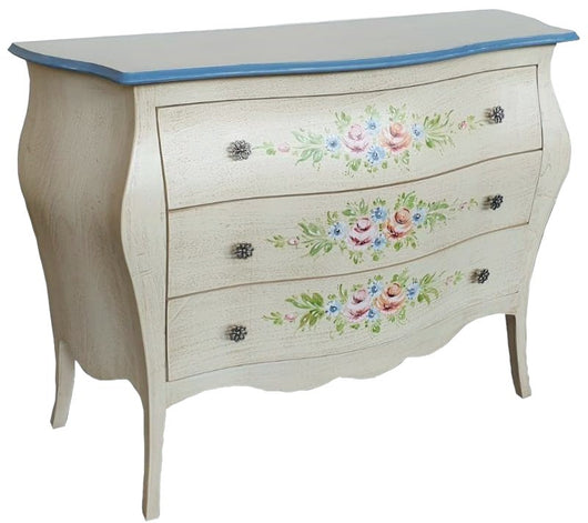 Cassettiera sagomata 3 cassetti legno shabby avorio anticato decori 99x41x85 - Mobili 2G